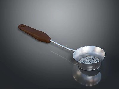 Strainer Spoon With Brown Handle And Silver Mesh Bowl On Dark Surface 3d model