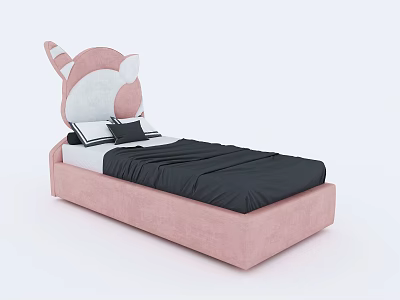 Cute Pink Children's Bed With Animal Ear Headboard And Black Bed Sheet White Pillow 3d model