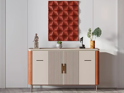Modern Console Cabinet With Beige Brown Vertical Striped Doors Red Geometric Painting Green Plant 3d model