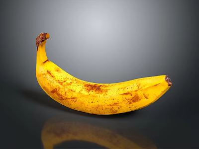 Ripe Yellow Banana With Brown Spots On Black Surface Showing Clear Reflection 3d model
