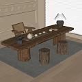 Solid Wood Tea Table with Stump Stools Tea Set and Table Lamp in Modern Room 3d model