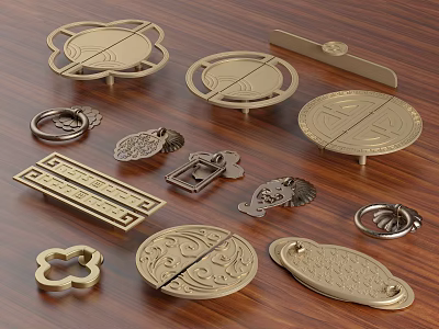 Different Designed Metal Cabinet Handles With Ornate Patterns And Various Shapes 3d model