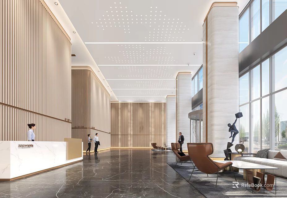 Elegant Modern Reception Area With Wooden Panel Walls Marble Flooring Decorative Columns And Leather Chairs 3d model 