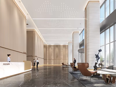 Elegant Modern Reception Area With Wooden Panel Walls Marble Flooring Decorative Columns And Leather Chairs 3d model