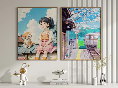 Two Decorative Wall Paintings With Girl Dog Blue Sky Cherry Blossoms Train And Platform 3d model