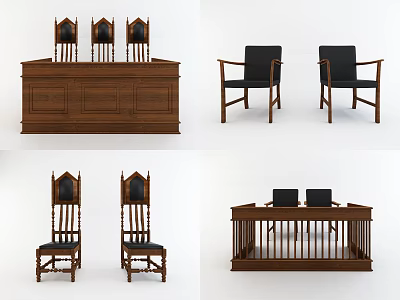 Wooden Courtroom Functional Desk With Sturdy Judge Chairs And Bench Furniture 3d model