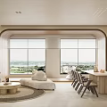 Minimalist Dining and Living Room Interior With Beige Sofa Dining Table Chairs and Fireplace
