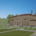 Classic European Style Detached Villa With Yellow Exterior Red Roof And Landscaped Garden