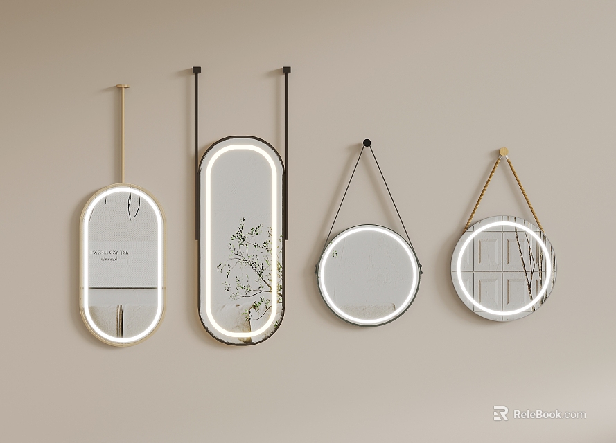 Four Stylish Decorative Mirrors With Different Shapes And Gold Black Frames Wall Mounted Design 3d model 