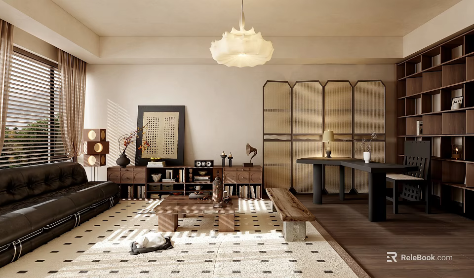 Modern Living Room Interior With Black Leather Sofa Wooden Room Divider And Checkerboard Rug 3d model 