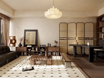 Modern Living Room Interior With Black Leather Sofa Wooden Room Divider And Checkerboard Rug 3d model