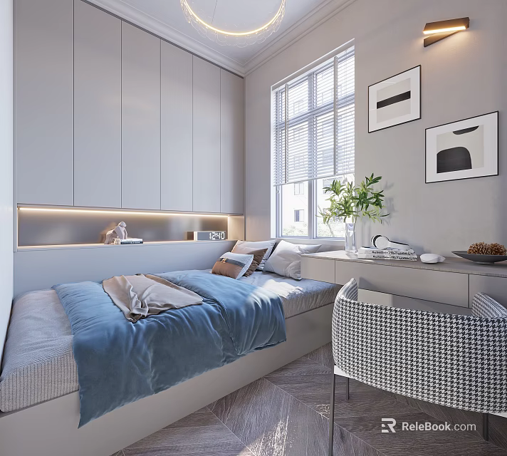 Modern Tatami Bedroom Interior Design With Blue Quilt White Cabinets And Green Plant 3d model 