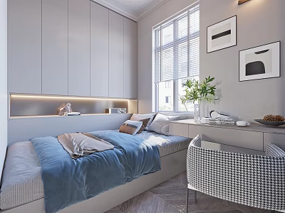 Modern Tatami Bedroom Interior Design With Blue Quilt White Cabinets And Green Plant 3d model