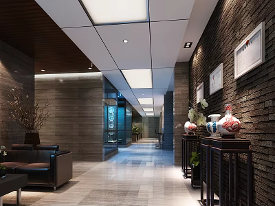 Elevator Lobby Interior With Framed Artworks Decorative Vases And Stone Walls 3d model