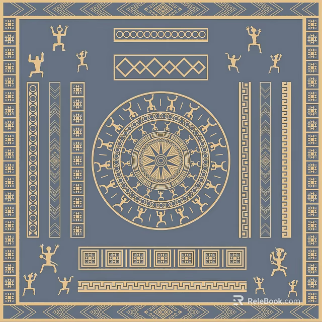 Traditional Decorative Pattern With Geometric Shapes Human Figures And Blue Background 3d model