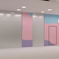 Vibrant Activity Passage With Purple Pink Walls Circular Decor Lighting And Display Shelves