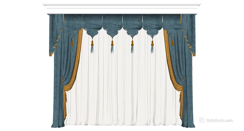 Elegant Teal Curtains With Pleated Top Gold Trim Tassels And White Sheer Layers 3d model 
