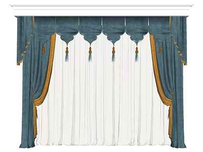 Elegant Teal Curtains With Pleated Top Gold Trim Tassels And White Sheer Layers 3d model