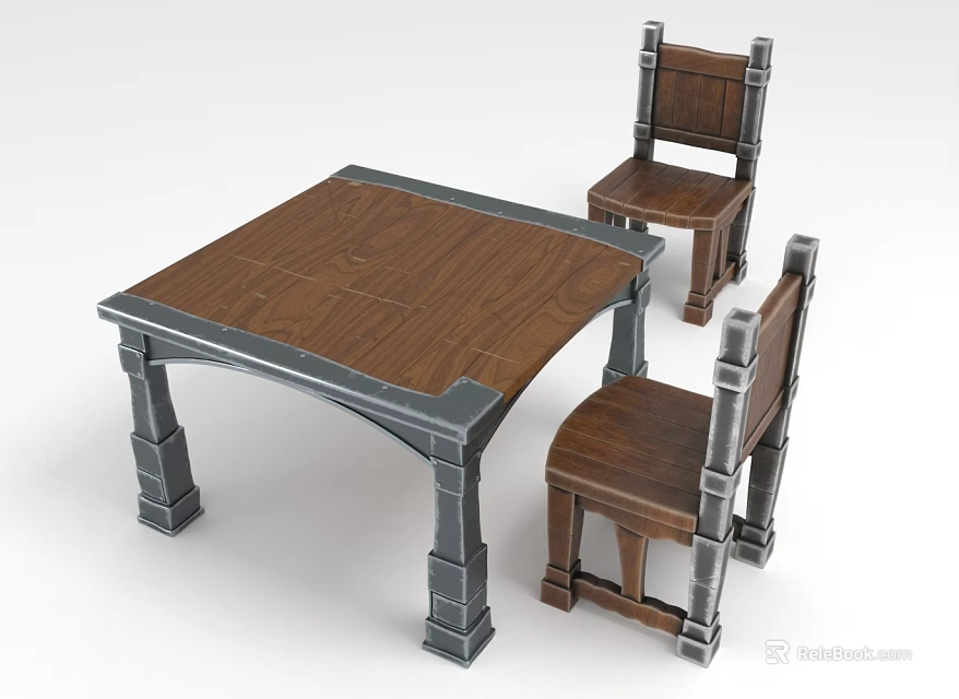 Classic Square Wooden Dining Table with Gray Legs and Two Armrest Chairs 3d model 