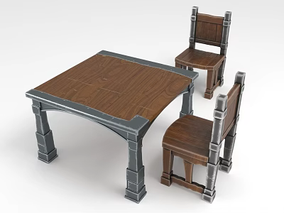 Classic Square Wooden Dining Table with Gray Legs and Two Armrest Chairs 3d model