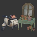 Vintage Scooter With Cat On Seat Near Teal Table Clay Pots Kettle And Arched Window