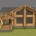 Rustic Log Cabin Exterior With Gabled Roof Wooden Stairs And Stone Foundation