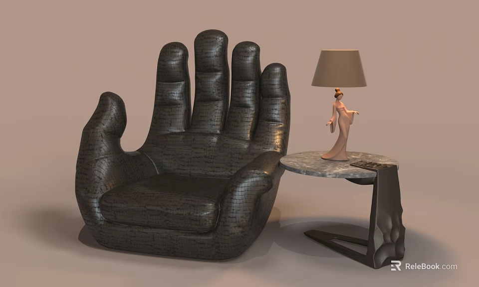 Unique Hand Shaped Black Leather Sofa with Side Table and Lamp 3d model 
