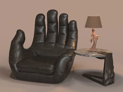 Unique Hand Shaped Black Leather Sofa with Side Table and Lamp 3d model