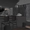 Modern Restaurant Kitchen Interior With Stone Countertop Brick Wall And Bar Stools 3d model