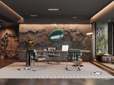 Modern Study Room With Rock Texture Wall Green Circular Decor Desk Green Chairs And Plants 3d model