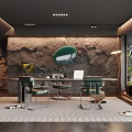 Modern Study Room With Rock Texture Wall Green Circular Decor Desk Green Chairs And Plants