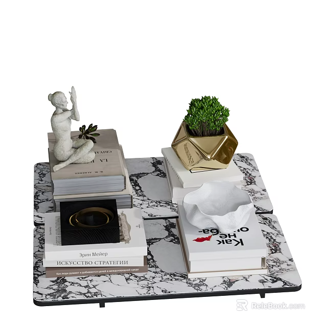 Decorative Ornament Set With Statue Books Gold Pot Plant And Tissue Box 3d model 