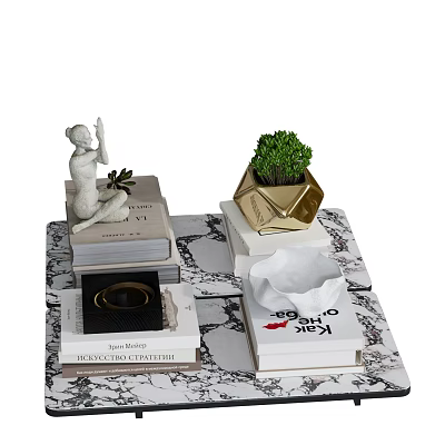 Decorative Ornament Set With Statue Books Gold Pot Plant And Tissue Box 3d model