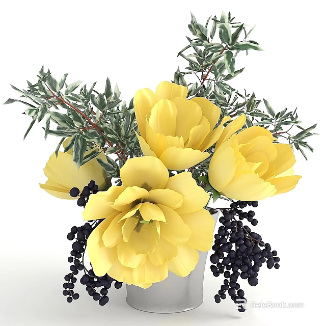 Artificial Decorative Ornament Set with Yellow Flowers Black Berries and Green Leaves 3d model 