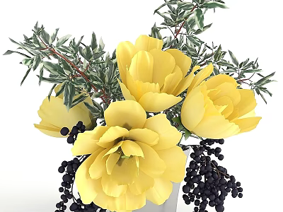 Artificial Decorative Ornament Set with Yellow Flowers Black Berries and Green Leaves 3d model