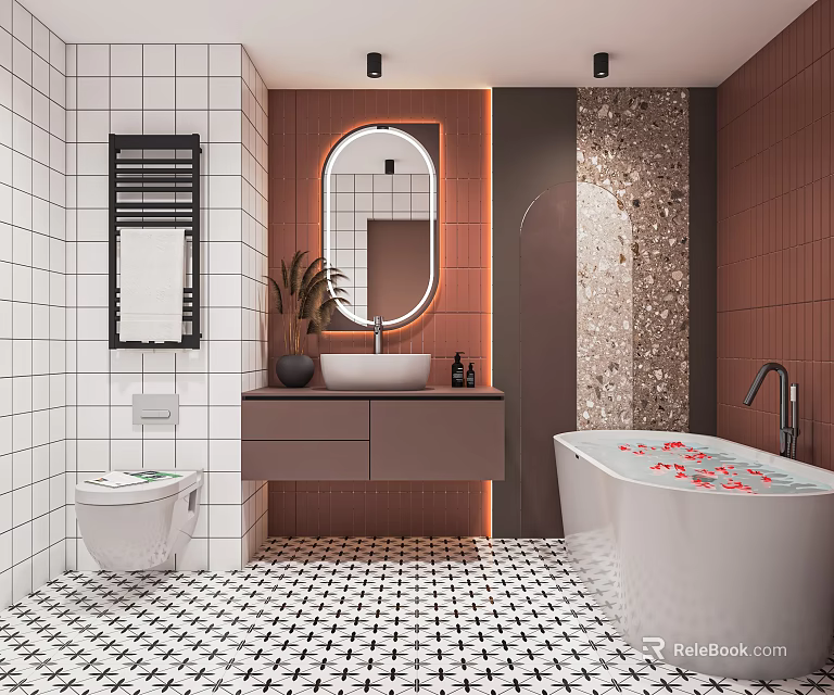 Contemporary Bathroom Interior Design With White Brown Tiles Round Mirror Bathtub And Geometric Floor Tiles 3d model 