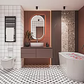 Contemporary Bathroom Interior Design With White Brown Tiles Round Mirror Bathtub And Geometric Floor Tiles