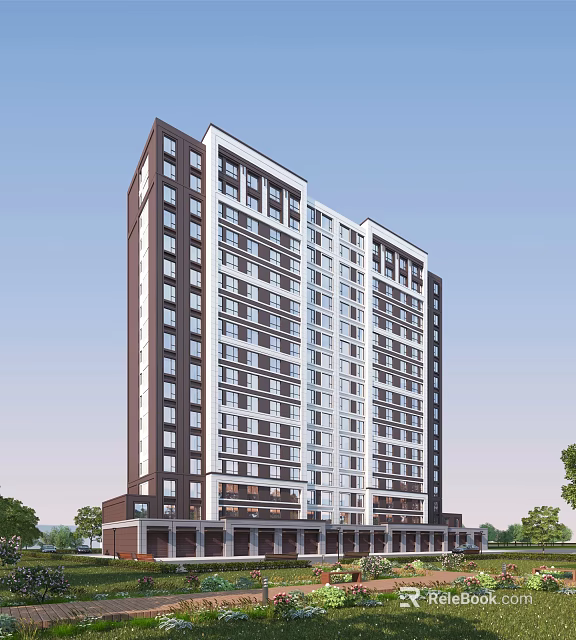 Modern High Rise Residential Building Exterior Design With Gray White Facade And Large Windows 3d model 