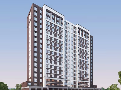 Modern High Rise Residential Building Exterior Design With Gray White Facade And Large Windows 3d model