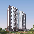 Modern High Rise Residential Building Exterior Design With Gray White Facade And Large Windows