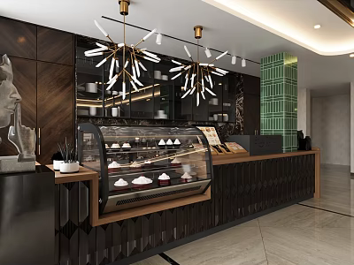 Modern Dessert Shop Interior With Glass Display Case And Cupcakes Wooden Counter And Chandelier Lighting 3d model