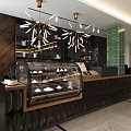 Modern Dessert Shop Interior With Glass Display Case And Cupcakes Wooden Counter And Chandelier Lighting