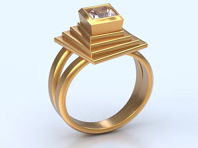 Elegant Gold Ring With Square Gemstone And Layered Stepped Design 3d model