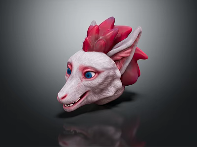 Fantasy Creature Head With White Skin Red Mane Blue Eyes Sharp Ears And Smile 3d model
