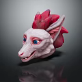 Fantasy Creature Head With White Skin Red Mane Blue Eyes Sharp Ears And Smile