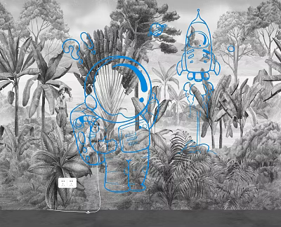 Creative Decorative Light Design With Tropical Plants Astronaut And Rocket Elements 3d model