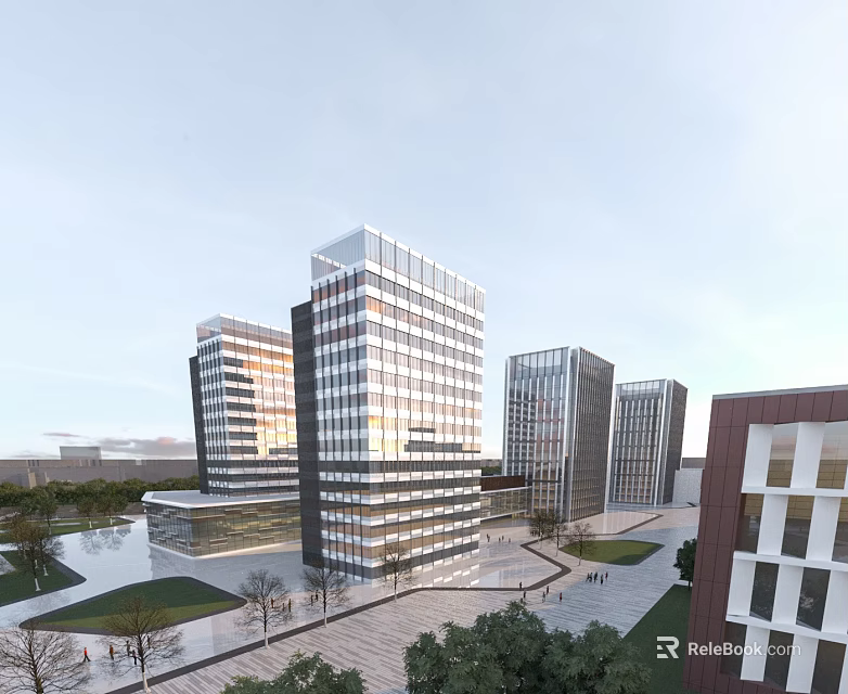 Aerial Planning of Modern High Rise Buildings With Glass Curtain Walls Plaza and Greenery 3d model 