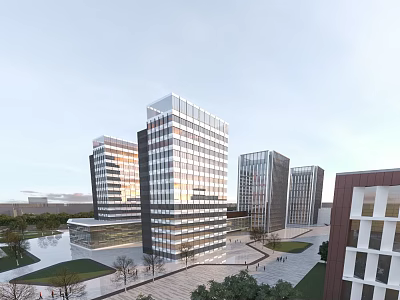 Aerial Planning of Modern High Rise Buildings With Glass Curtain Walls Plaza and Greenery 3d model