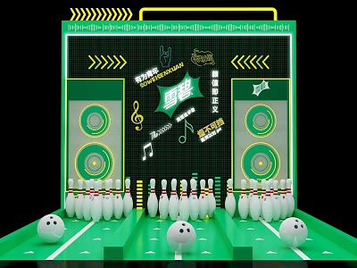 Check-in Event Featuring Bowling Pins Balls On Green Digital 3d model