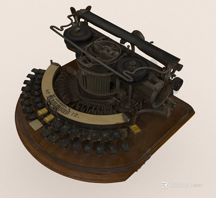 Vintage Typewriter With Wooden Base Metal Keyboard And Classic Mechanical Rollers 3d model 